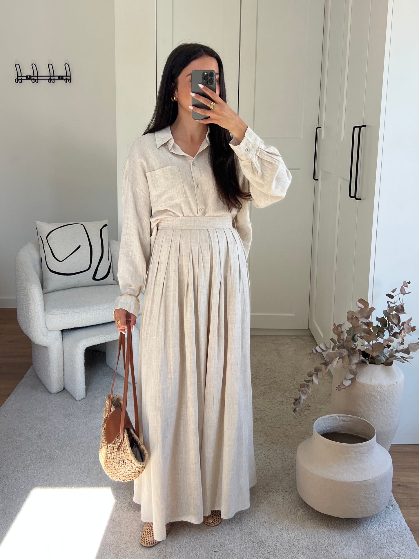 ENSEMBLE JUPE TRAPÈZE LIN BEIGE