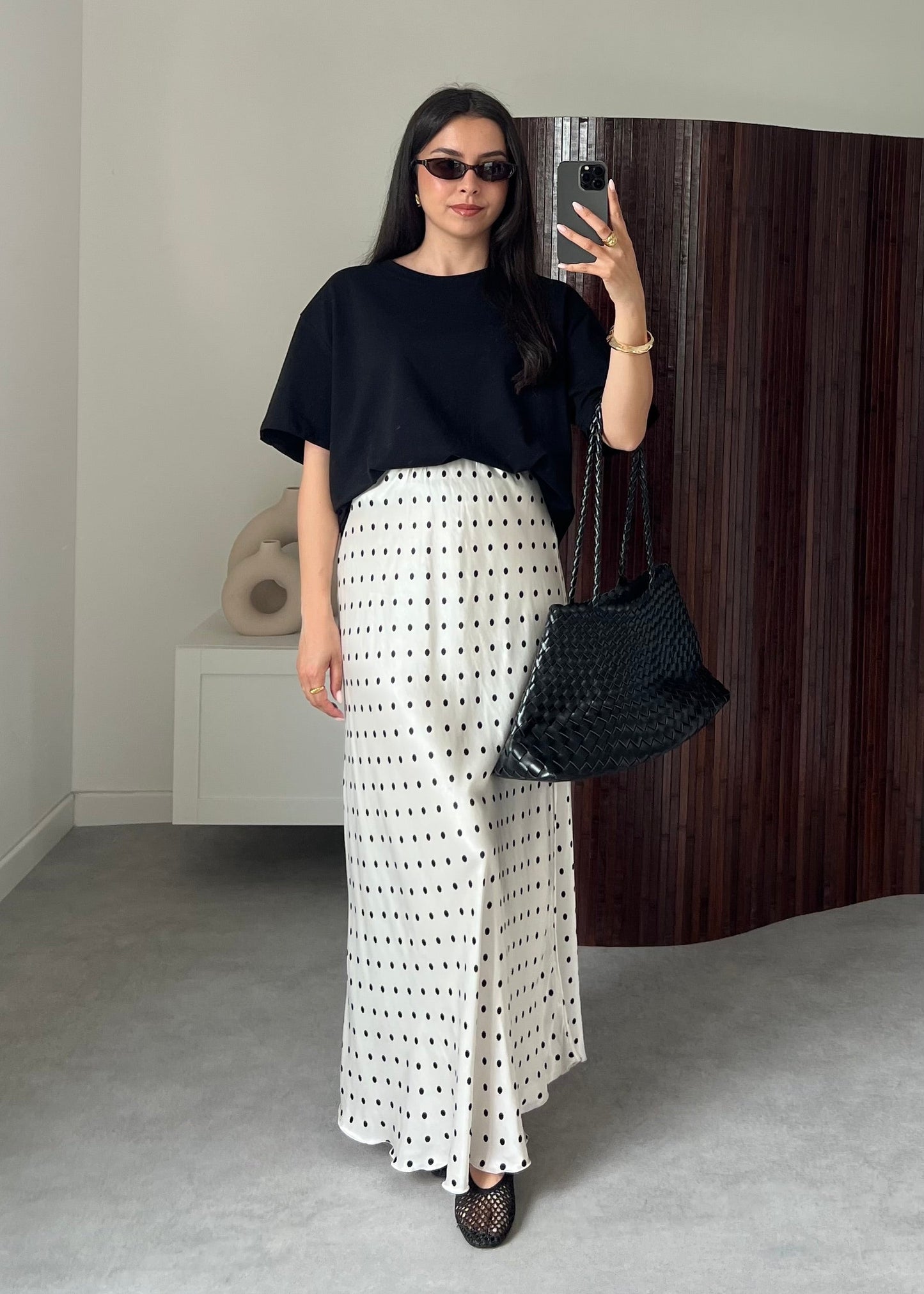 JUPE SATIN POIS BLANCHE