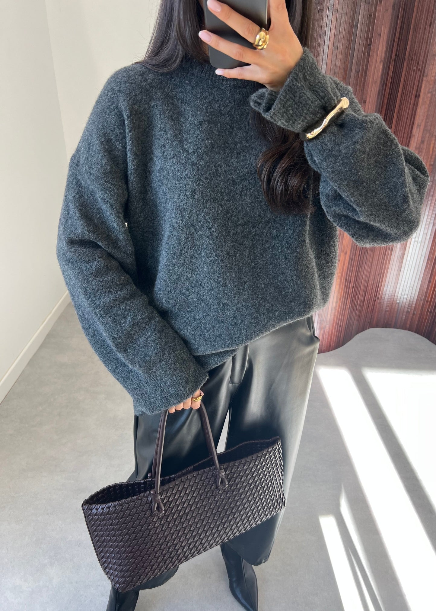 PULL COL ROND GRIS FONCÉ