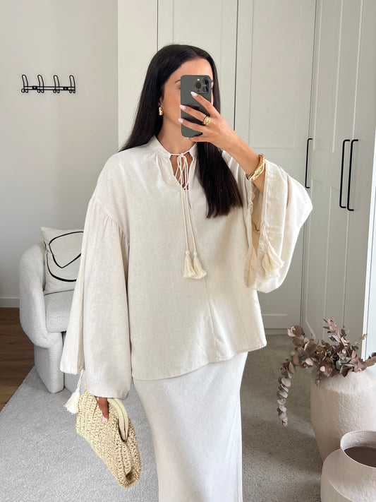 CHEMISE LIN POMPOM BEIGE