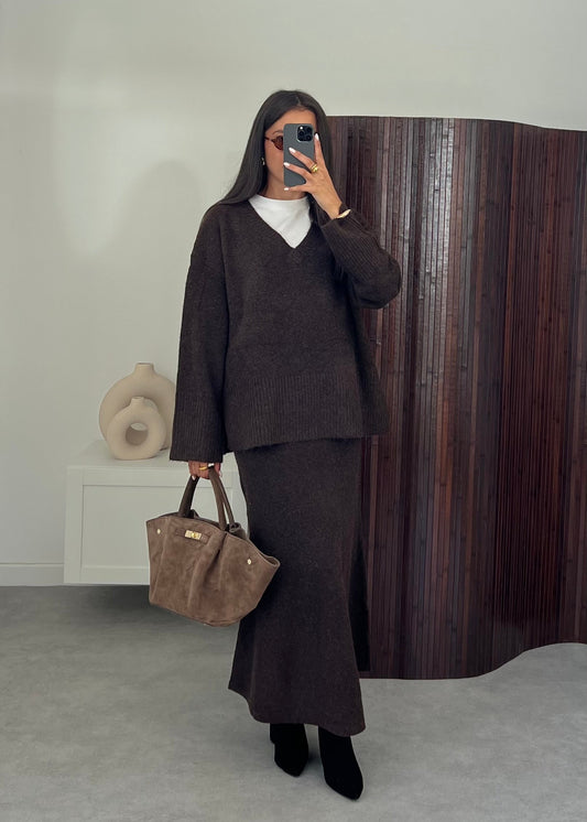 ENSEMBLE JUPE MAILLE MARRON