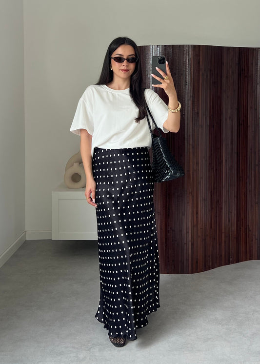 JUPE SATIN POIS NOIRE