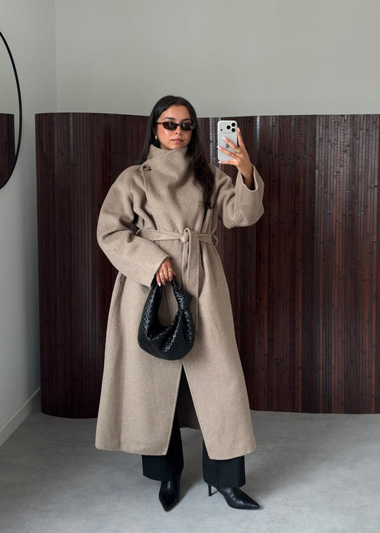 MANTEAU PREMIUM COL MONTANT LAINE TAUPE