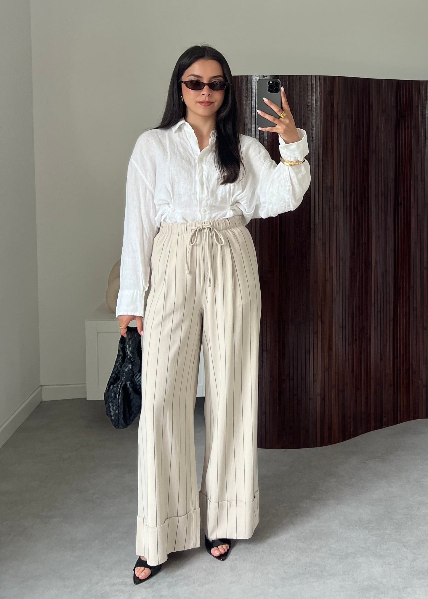 PANTALON RAYURE LIN BEIGE
