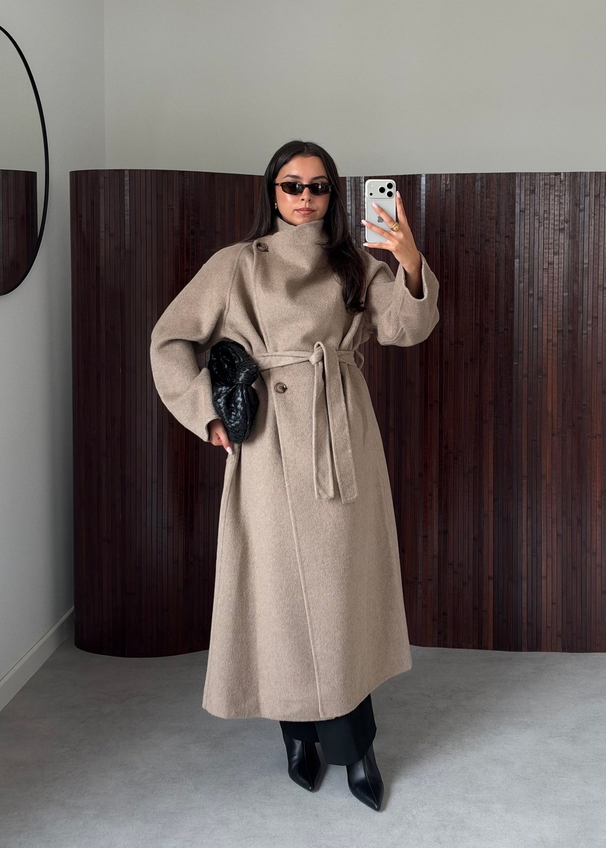 MANTEAU PREMIUM COL MONTANT LAINE TAUPE