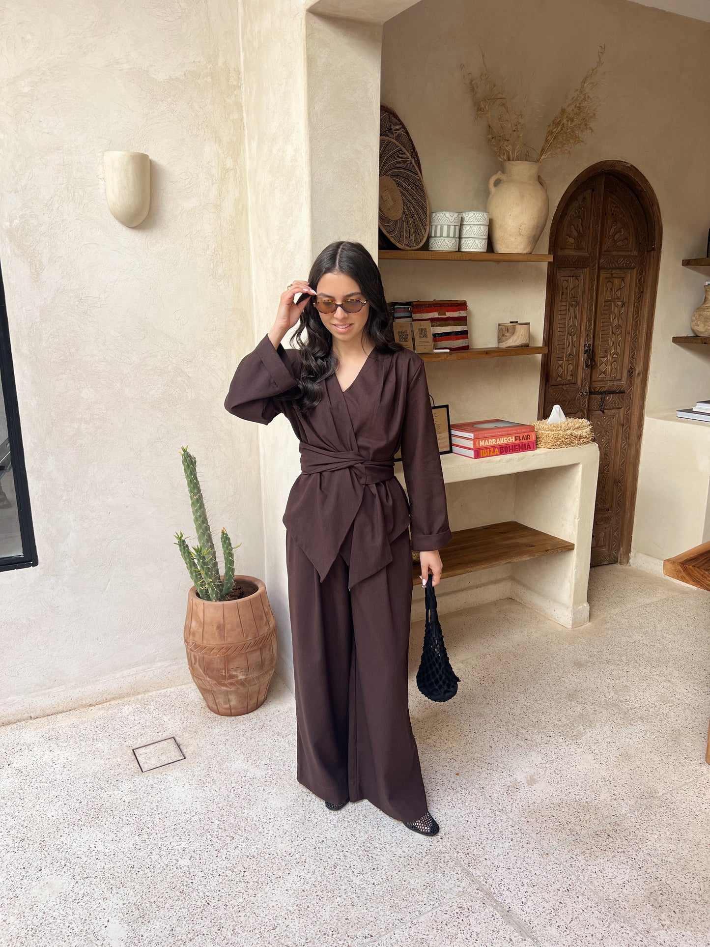 ENSEMBLE LIN À NOUER MARRON
