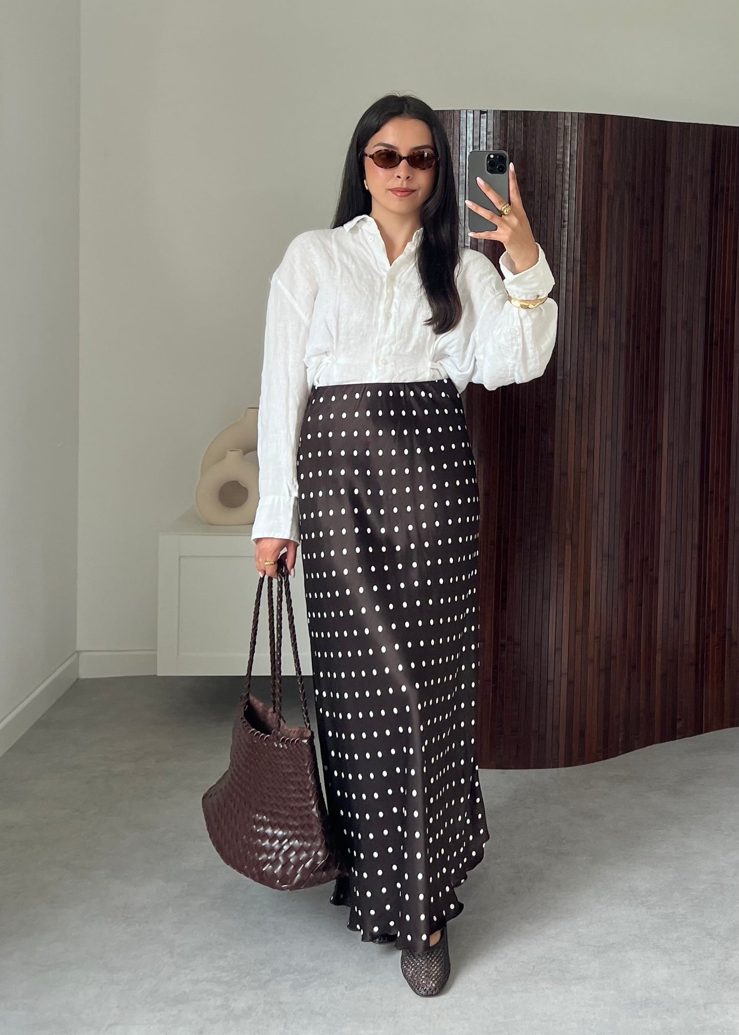 JUPE SATIN POIS MARRON